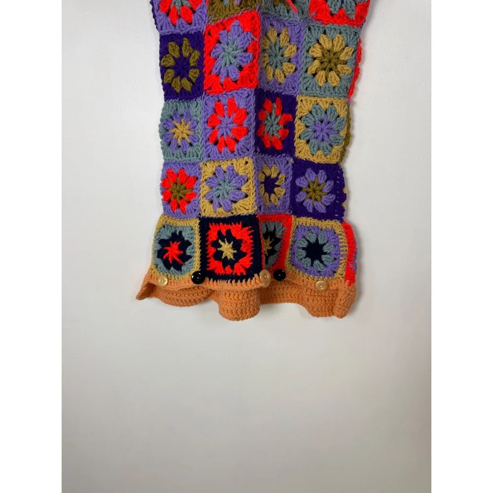 Boho Handmade Women XS/S Granny Square‎ Crochet Dress Multicolor Patchwork Retro